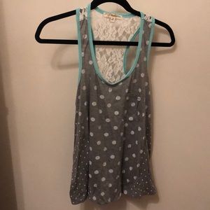 Polka dot tank top with lace upper back